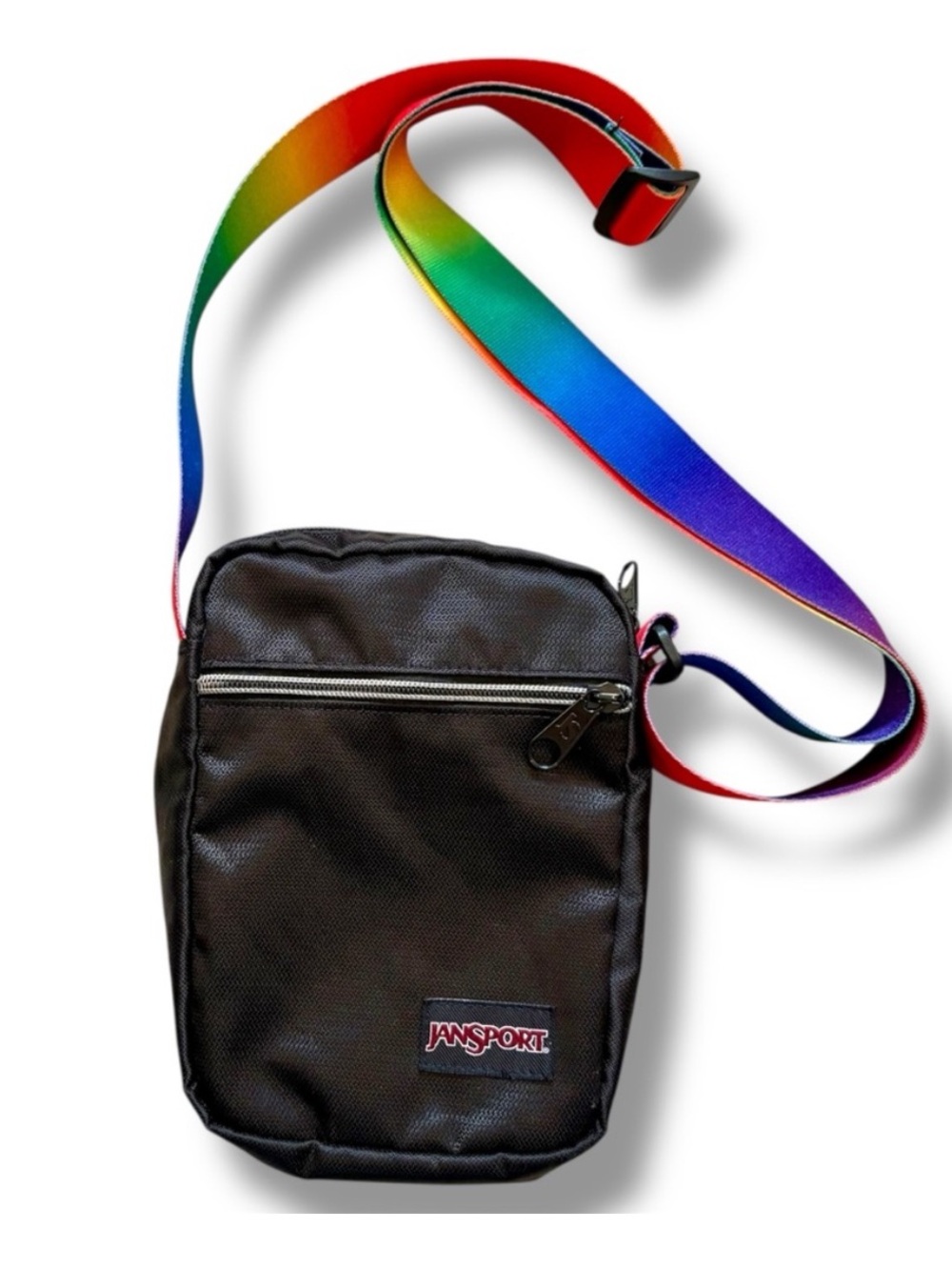 JanSport Black Weekender Crossbody Bag with Rainbow Webbed Adjustable Strap